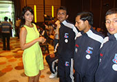 Shriya Saran interacts with the Indian Blind Football team members